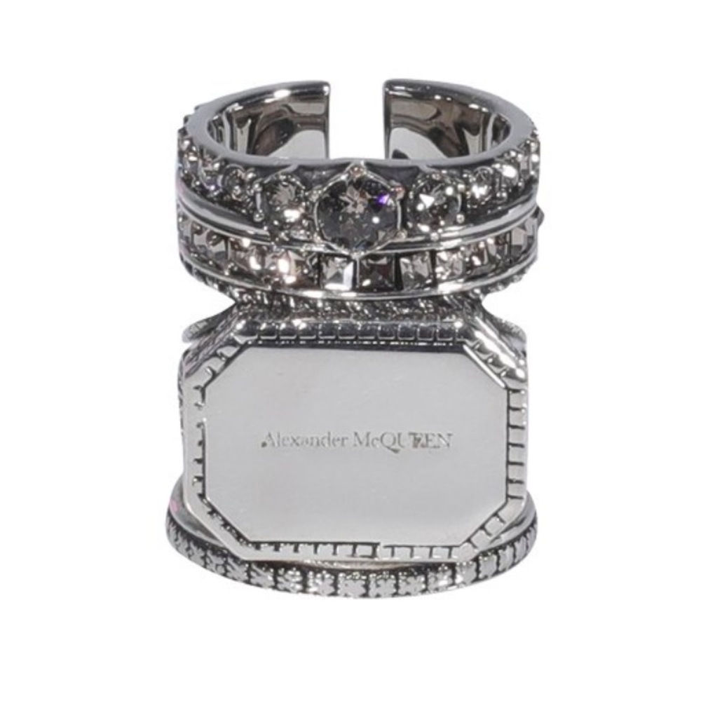 Authentic Alexander McQueen Logo Engraved Stacked Crystal Metal Ornate Ring